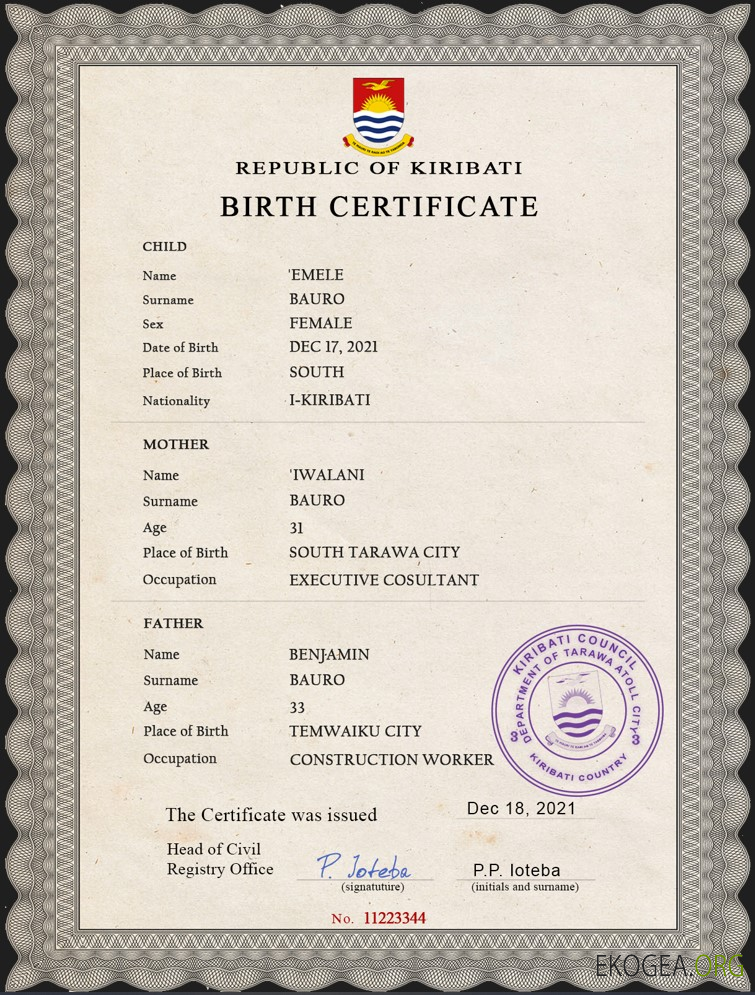Modèle PSD de certificat de naissance de l'état civil de Kiribati